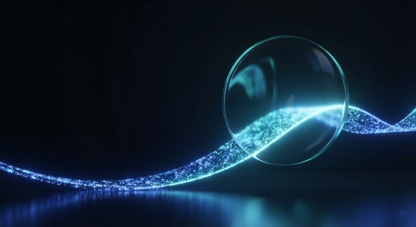 A luminous blue particle wave curving across a dark scene with a large circular glass lens magnifying its brightest crest — checking website traffic.