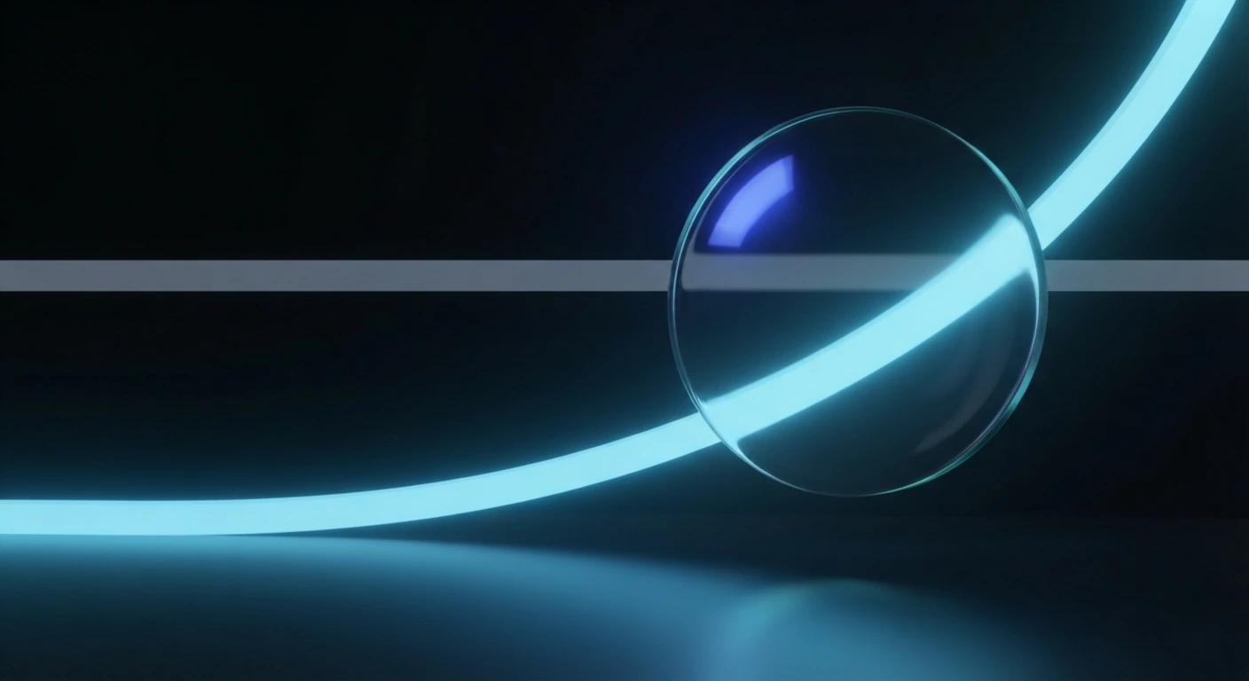 Ein leuchtend cyanfarbenes Lichtband, das sich über eine flache graue Linie hinauf schwingt, betrachtet durch eine runde Glaslinse — der Vergleich des Website-Traffics von Konkurrenten.
