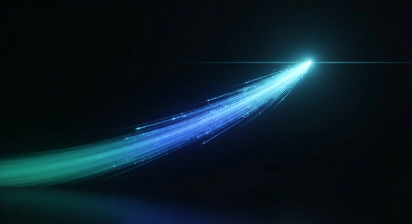Ein Strahl aus blauem und cyanfarbenem Licht, der vor tiefem Schwarz nach oben zu einem hellen Punkt beschleunigt, mit starker Bewegungsunschärfe - schnelle Website-Traffic-Erfolge.