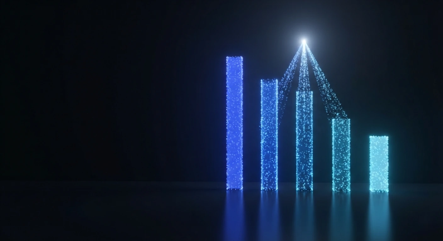 Glowing particle bars of descending height on a dark stage, the tallest electric blue and the shortest cyan, converging into a bright point of light — website traffic by channel.