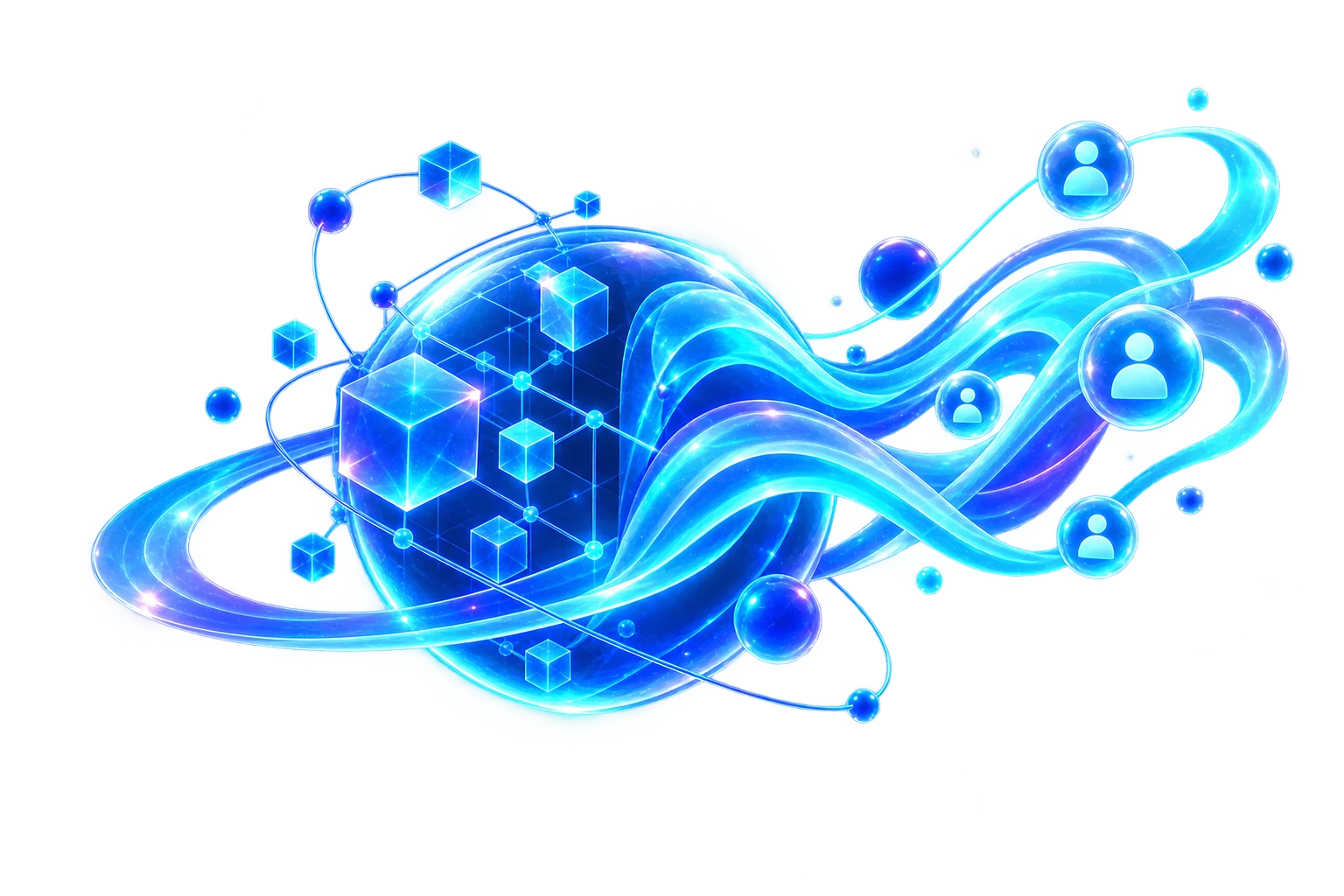 A glowing blue sphere of connected cubes with a flowing light ribbon and orbiting person-icon nodes — real browser sessions versus bot traffic.