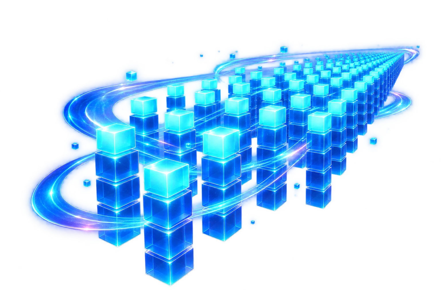 A massive array of glowing blue cubes receding into the distance wrapped by light ribbons — bulk website traffic at scale.