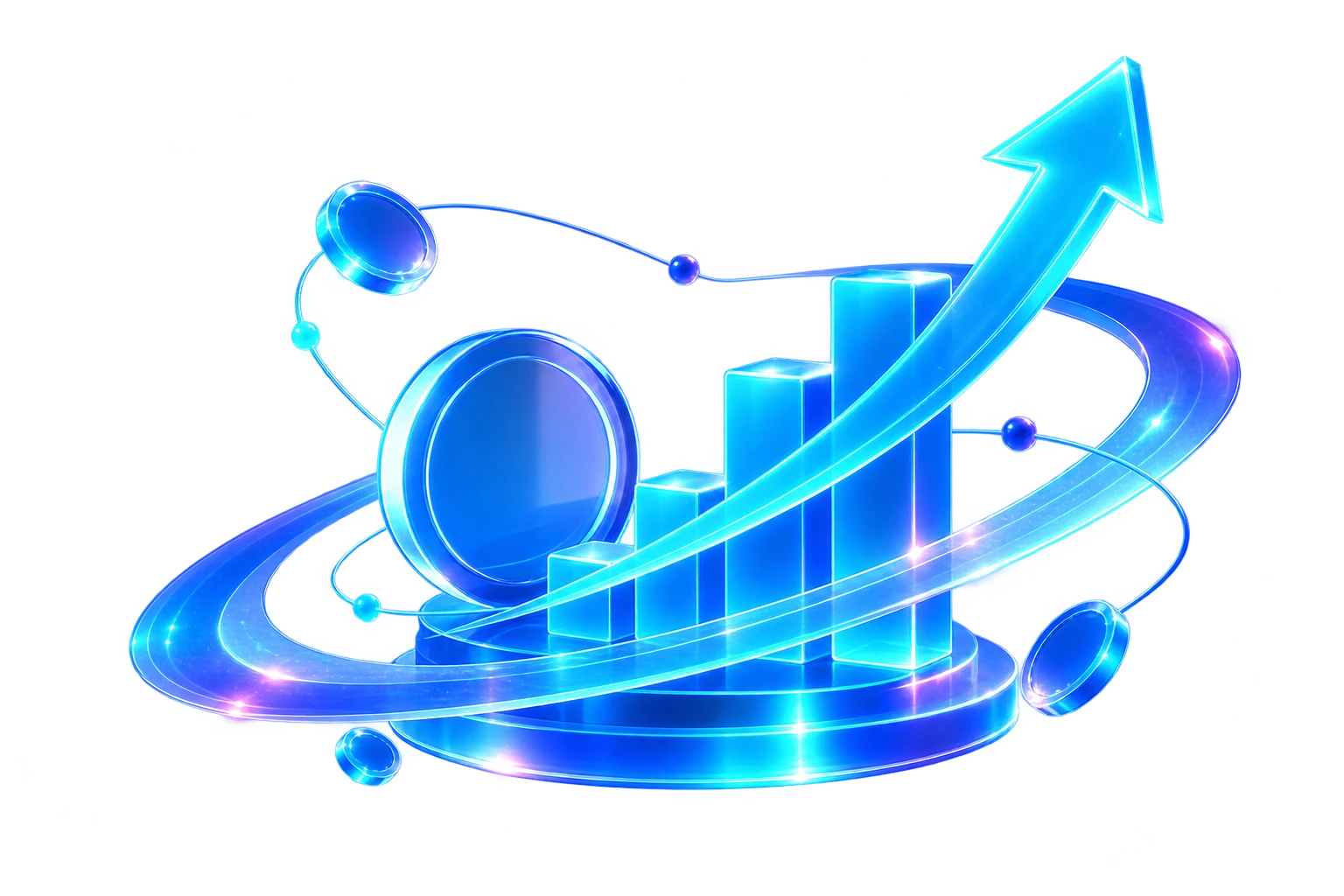 A glowing blue coin beside a rising bar chart and an upward arrow on a circular pedestal ringed by orbit lines — low-cost traffic that still grows.