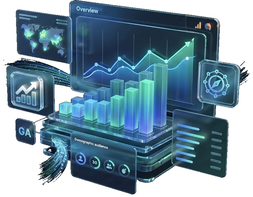 3D analytics dashboard showing lifted GA4 sessions, geo distribution and behavior metrics.