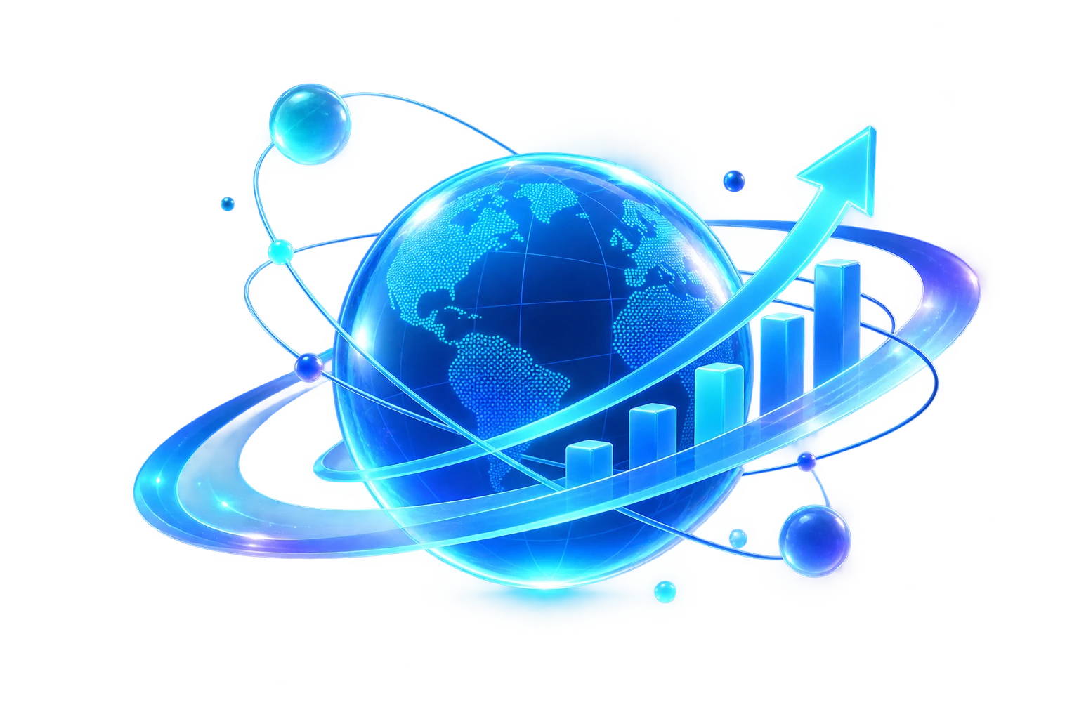 A glowing blue 3D globe encircled by orbit rings with a rising bar chart and an upward arrow beside it — Similarweb rank growth.
