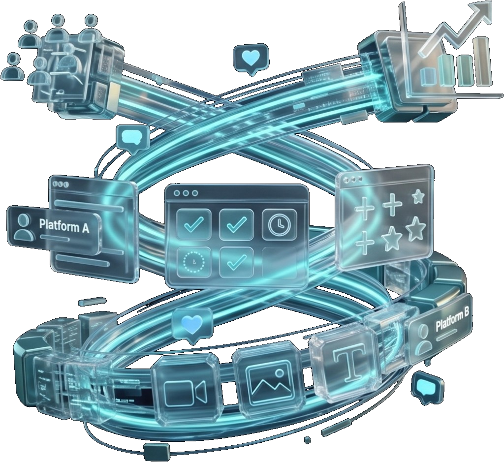 3D social media stack - LinkedIn, Instagram, X, TikTok, YouTube, Facebook with engagement metrics.