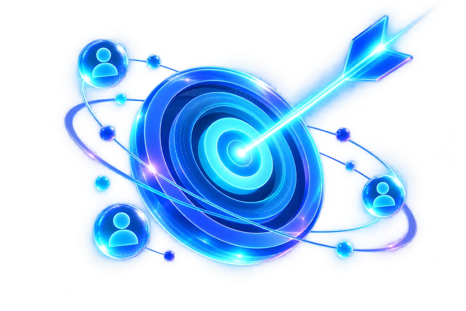 A glowing blue bullseye target pierced dead-centre by an arrow, ringed by orbiting person-icon nodes — targeted website traffic.