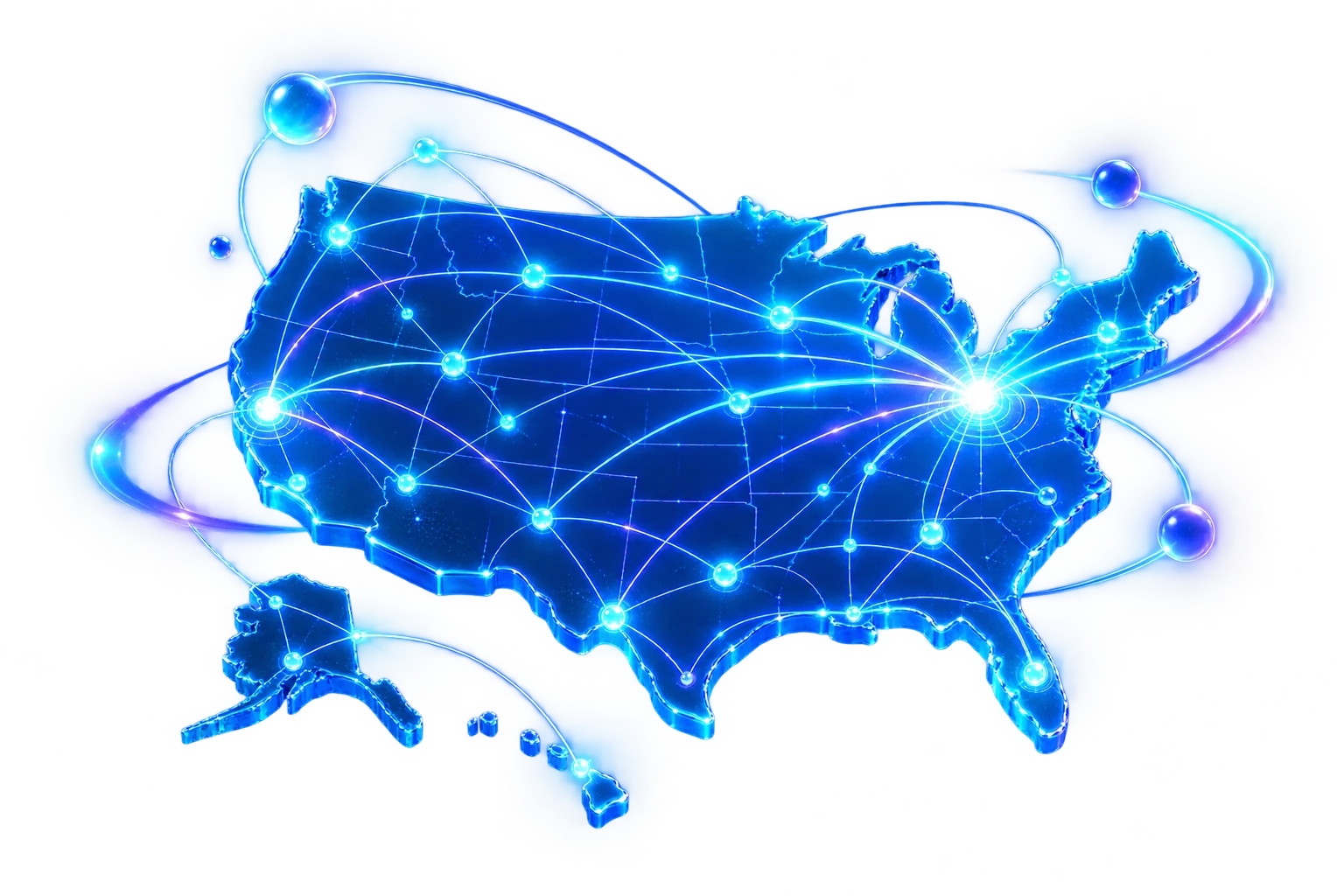 A glowing blue 3D map of the United States with lit city nodes joined by light threads and orbit rings — US website traffic.