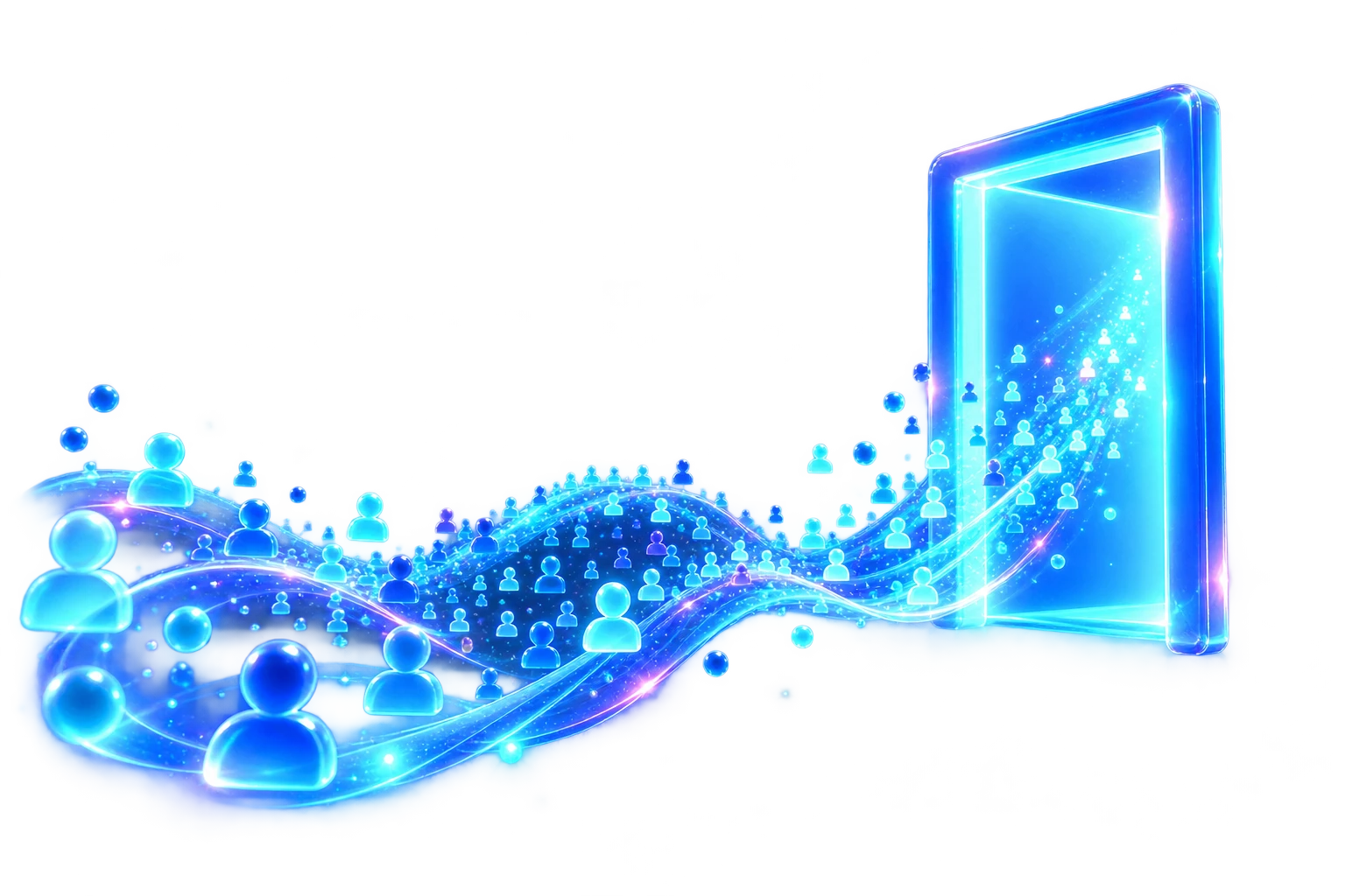 A luminous stream of glowing person icons flowing across the frame and pouring through a bright blue doorway — real website visitors arriving.