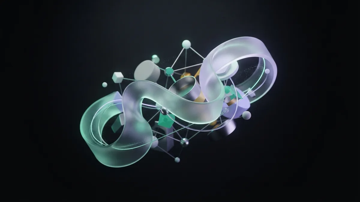 Glass ribbon weaving through abstract forms to represent outreach, content, and link building services