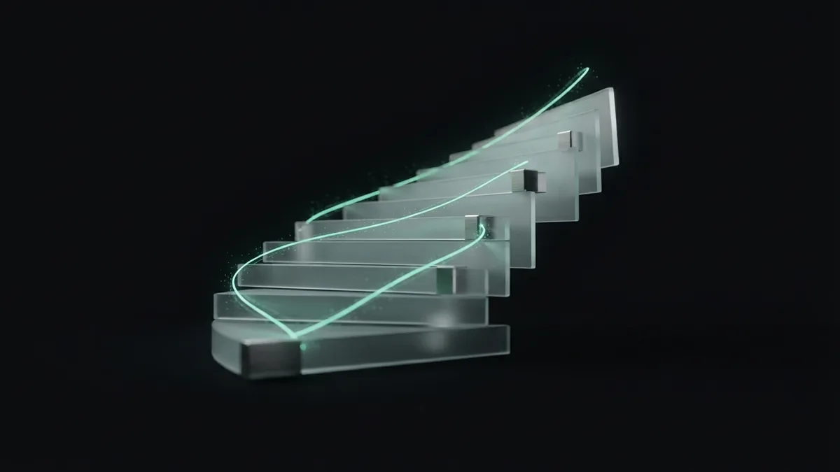 Layered glass forms and a rising light path symbolizing gradual search growth over time