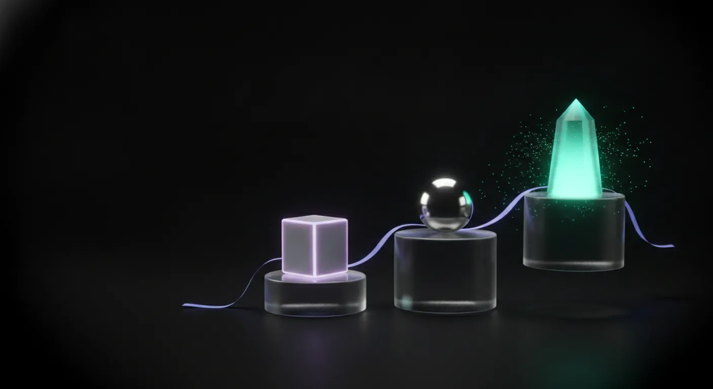 Three glass pedestals holding a lavender cube, a chrome sphere and a glowing teal crystal — comparing different sources before choosing one.