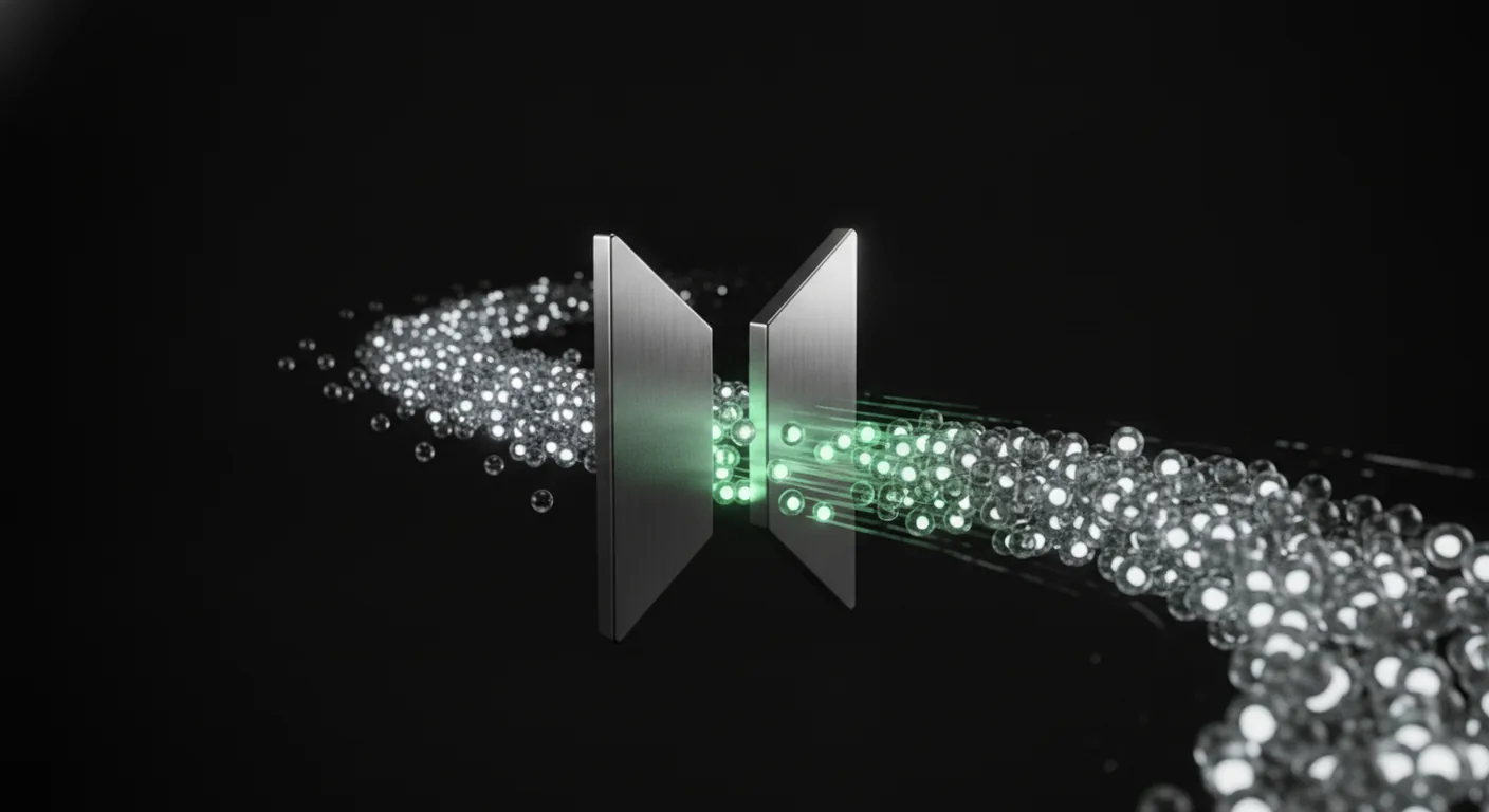 A stream of frosted-glass nodes flowing toward a chrome gate that sorts them — most peeling away, a few passing through with a mint glow — filtering automated bot traffic.