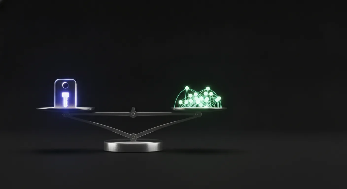 A frosted-glass key and a cluster of glowing green network nodes balanced on a chrome scale — weighing account access against the network you actually need.