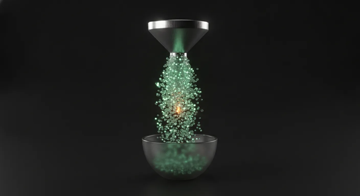 A dense stream of tiny frosted-glass particles pouring through a narrow funnel into a basin, one amber spark standing out — high-volume, low-cost website traffic.