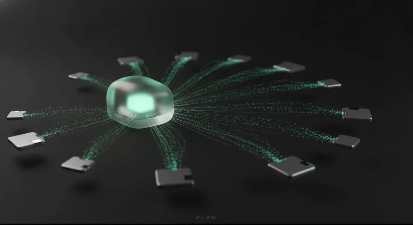 Ein zentraler Knotenpunkt aus Milchglas, der viele feine Lichtfäden von kleinen Satelliten-Plattform-Kacheln empfängt — Referral-Traffic, der von vielen Quellplattformen zu einer Website fließt.