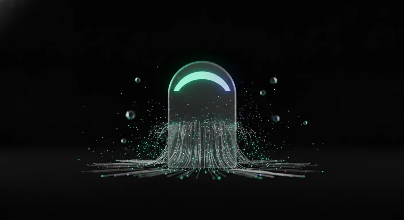 Eine milchglasartige Autoritätsanzeige mit einer steigenden mintgrünen Füllung, gespeist von Chromfäden, die Lichtpartikel tragen — Links und Traffic, die einen Semrush Authority Score aufbauen.