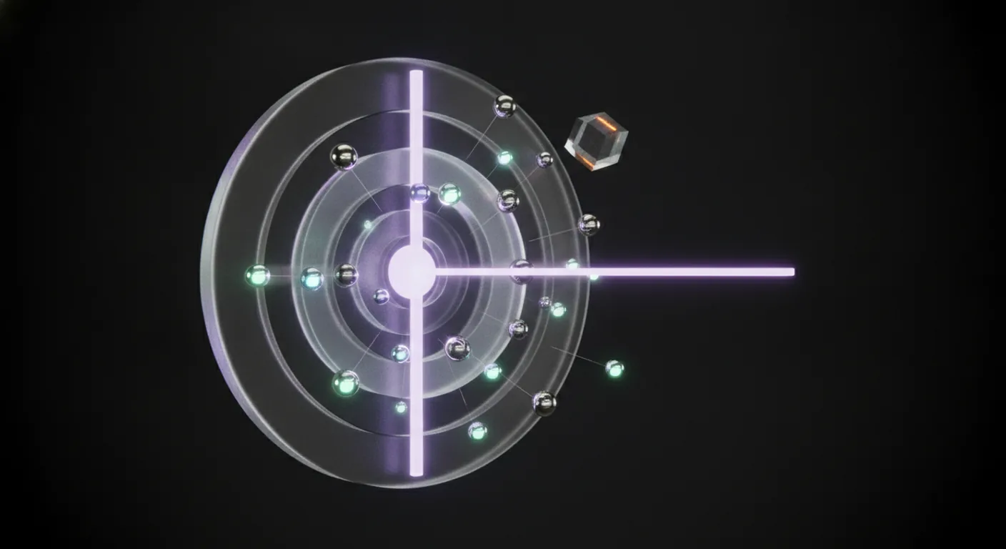 Eine leuchtende Zielscheibe aus Milchglas, durchbohrt von einem Lichtband, umkreist von kleinen Besucher-Knotenpunkten – gezielter Website-Traffic, der auf eine Zielgruppe zuläuft.