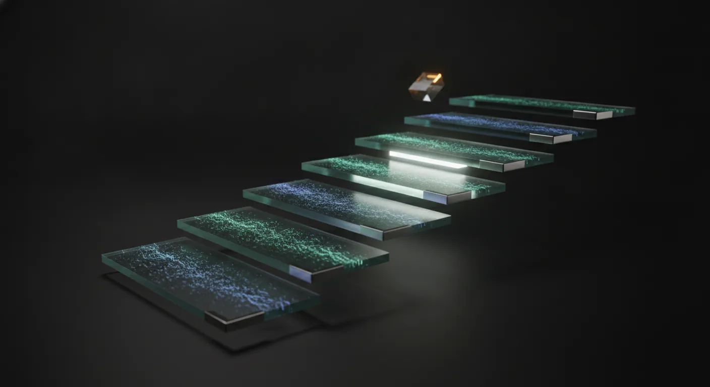 Geschichtete, lichtdurchlässige Glasflächen, die wie eine Treppe aus Daten aufsteigen, mit minzgrünen und pervinkfarbenen Partikelströmen — über die Zeit verfolgte Traffic-Metriken der Website.