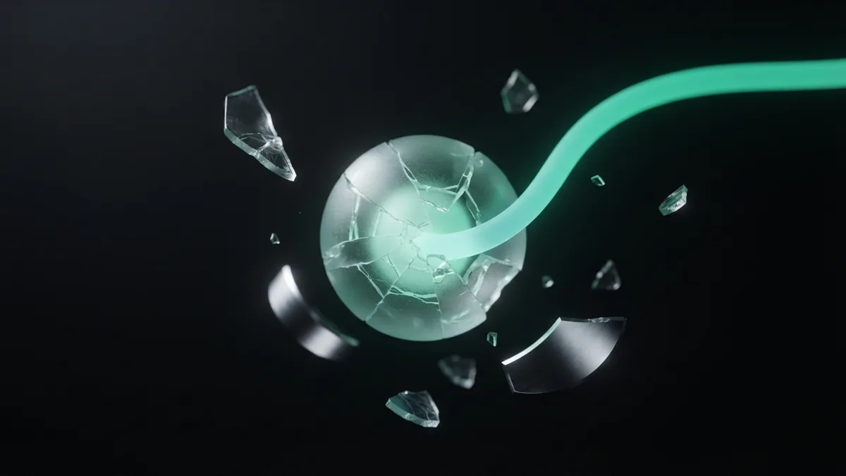 Cracked glass access node reconnecting with a teal light ribbon