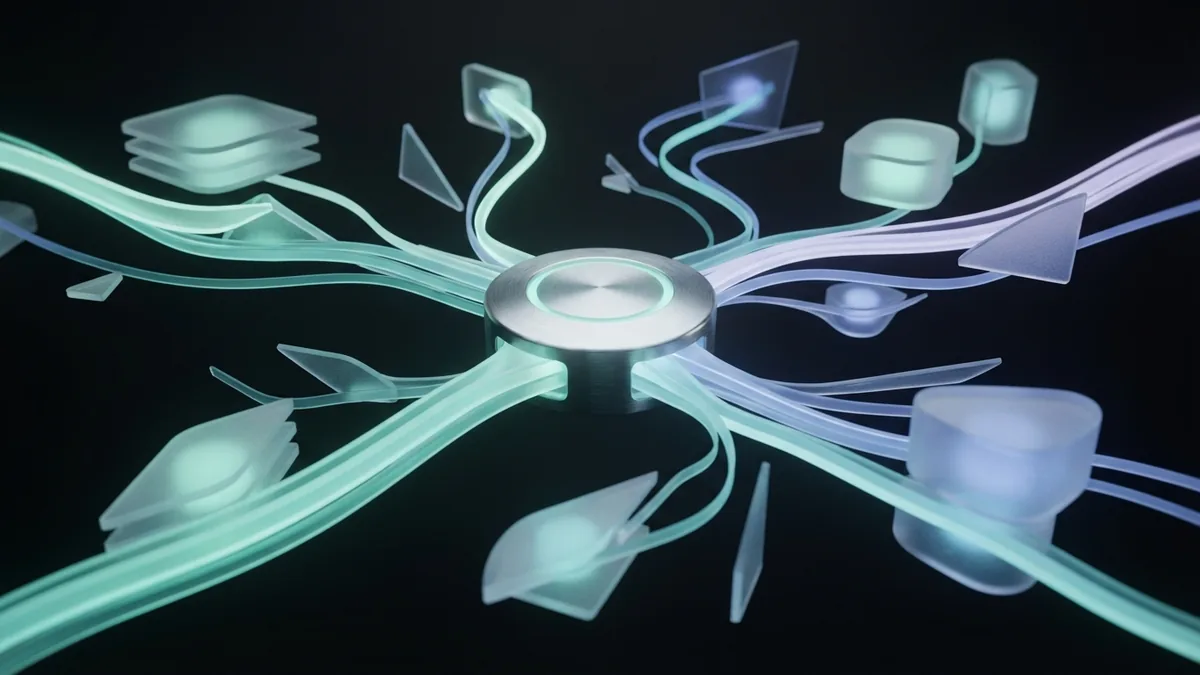 Abstract chrome hub linking glass forms through digital marketing channels