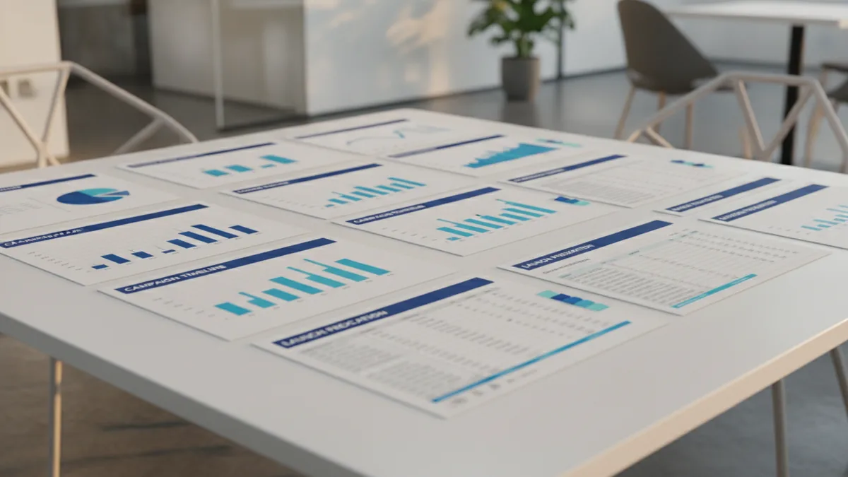 Marketing team workspace with channel planning sheets and a staged campaign launch calendar