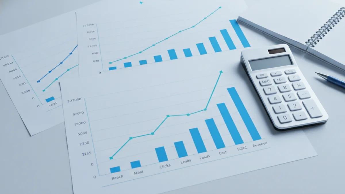Analytics review desk with charts for reach, clicks, leads, cost, and return on spend