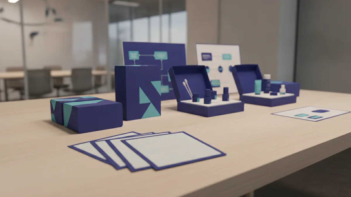 Retail campaign display with product packaging, creator sample kits, and offer planning materials