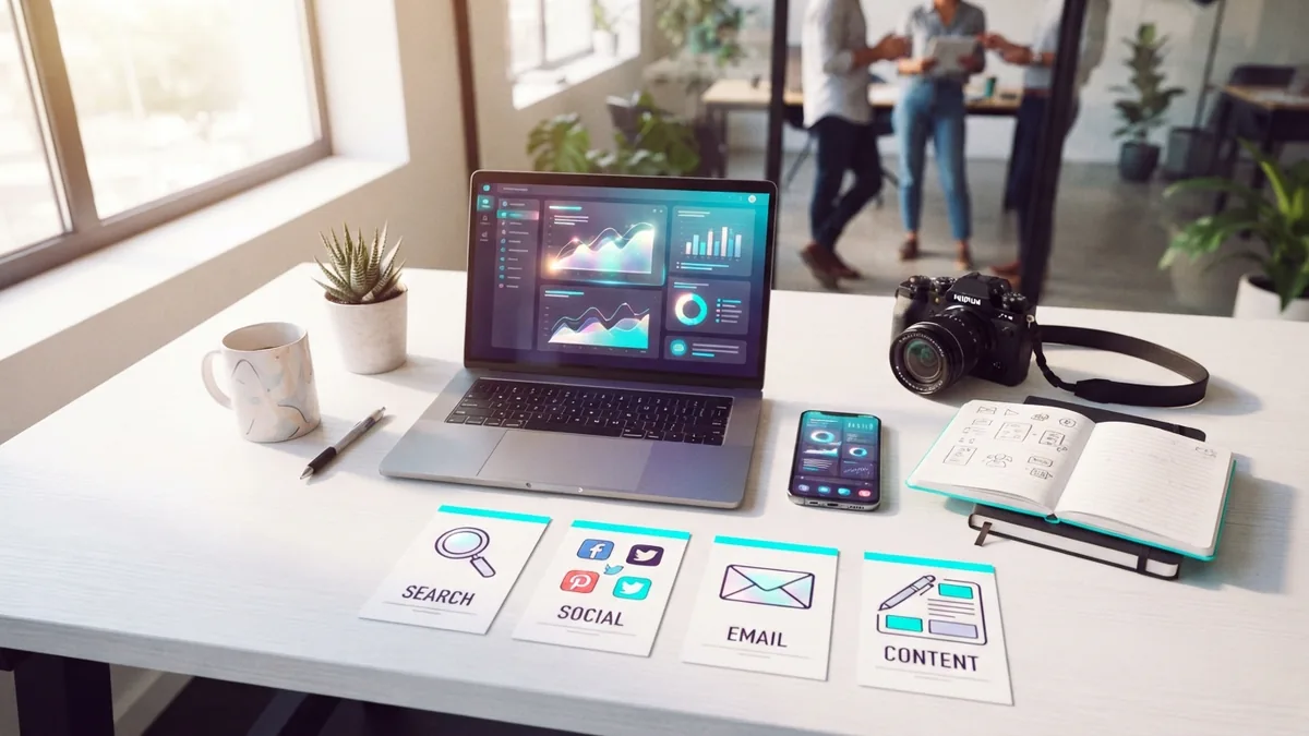 Laptop and phone beside notebooks that represent search, social, email, and content work