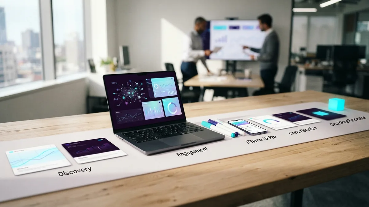 Campaign planning materials with product cards arranged along a buyer journey