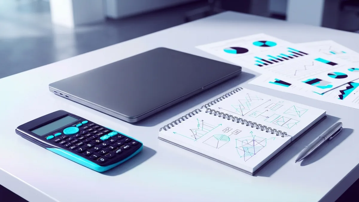 Analytics workspace with calculator, notebook, and charts showing campaign performance