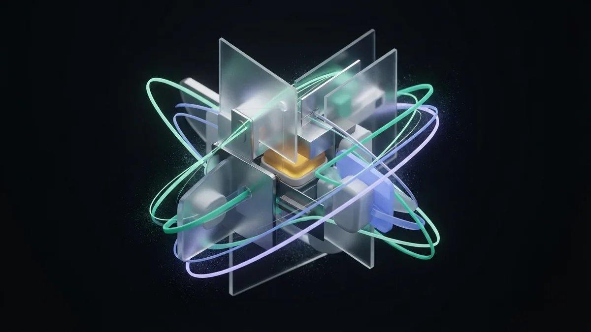 Layered glass modules linked by teal light threads to represent digital marketing parts