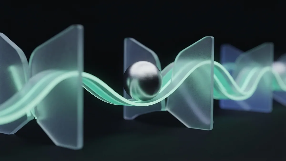 Chrome sphere moving through frosted glass gates with mint ribbons for marketing methods