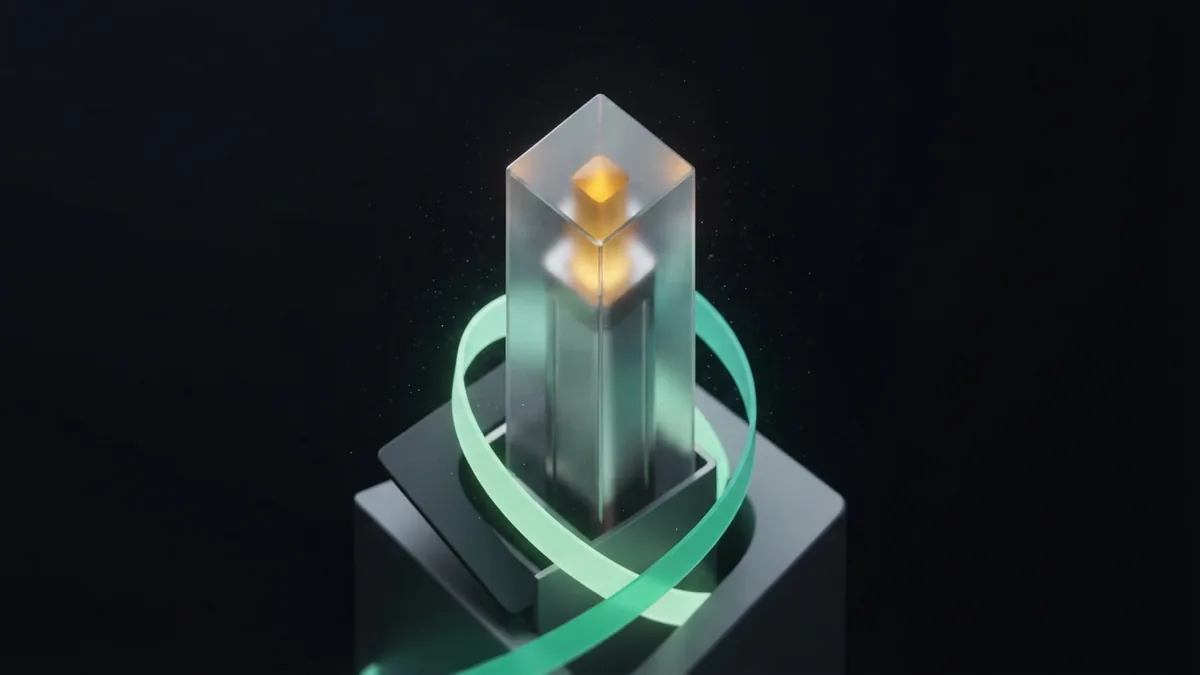 Glass prism rising above dark planes with teal ribbons and one amber growth accent