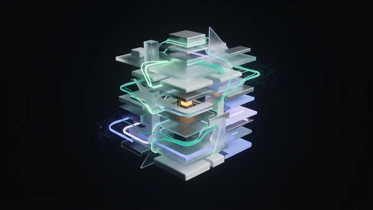 Layered glass and ceramic modules symbolize a strong technical base and clear website structure