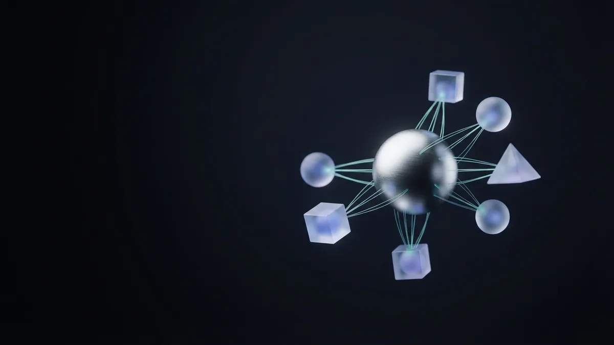 A network of trusted links A chrome sphere linked to glass nodes represents trusted backlinks and shared authority