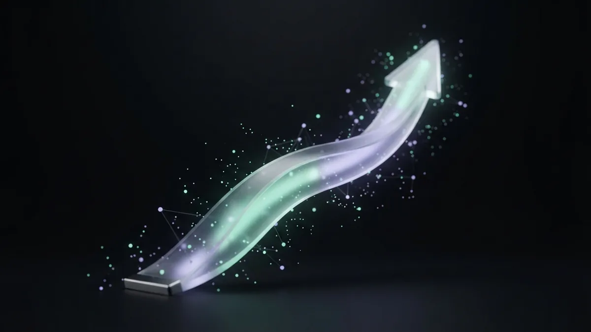 A rising glass ribbon and subtle particles represent steady growth in search visibility