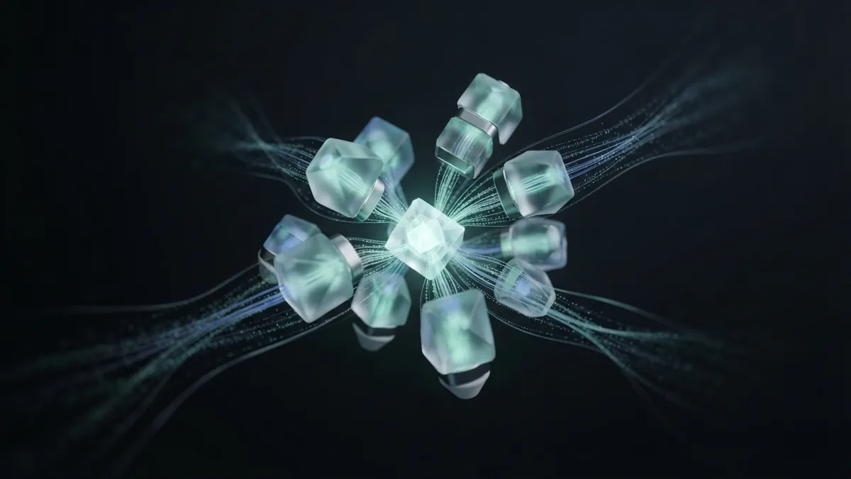 Keyword research ideas gathered into focus Glowing glass modules gather scattered particles into a focused form, representing keyword research