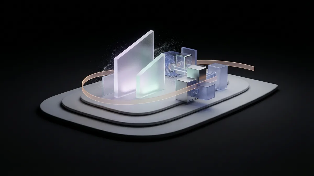 Grouped glass forms on dark layered planes represent keywords assigned to focused website pages