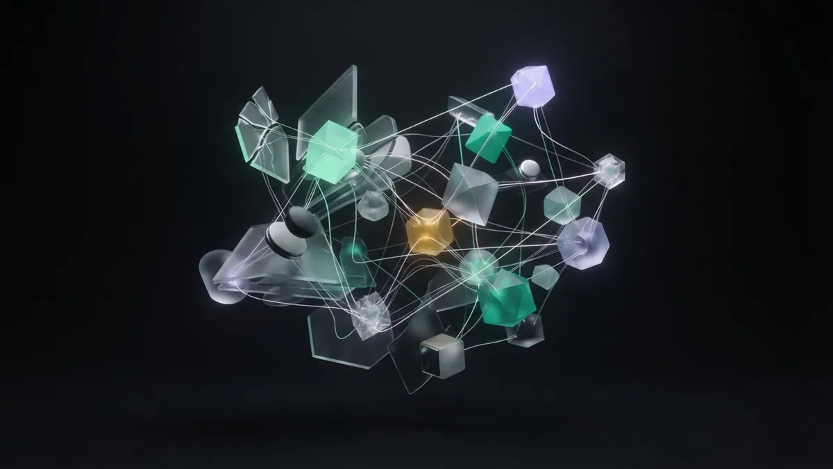 Frosted glass modules linked by light threads to represent an organized SEO strategy