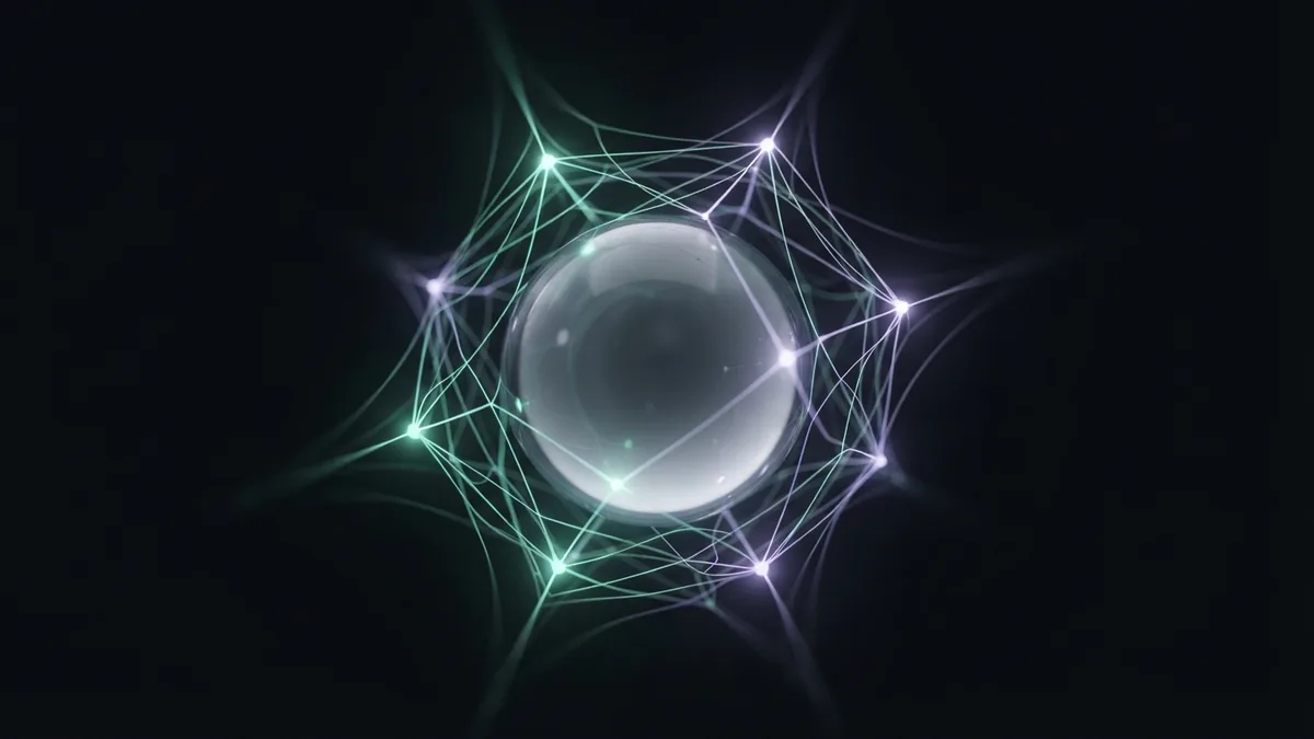 A glass sphere among selective glowing links represents backlink relevance and trust