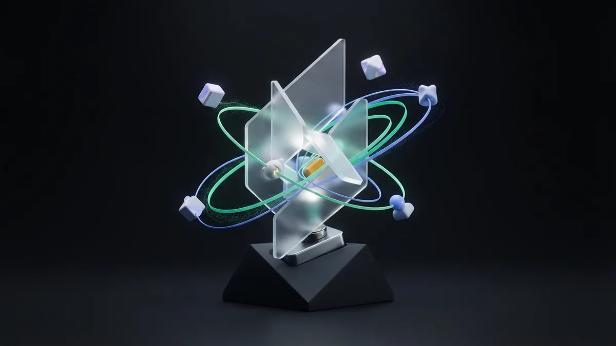 Layered glass form with connected light ribbons representing content that earns backlinks