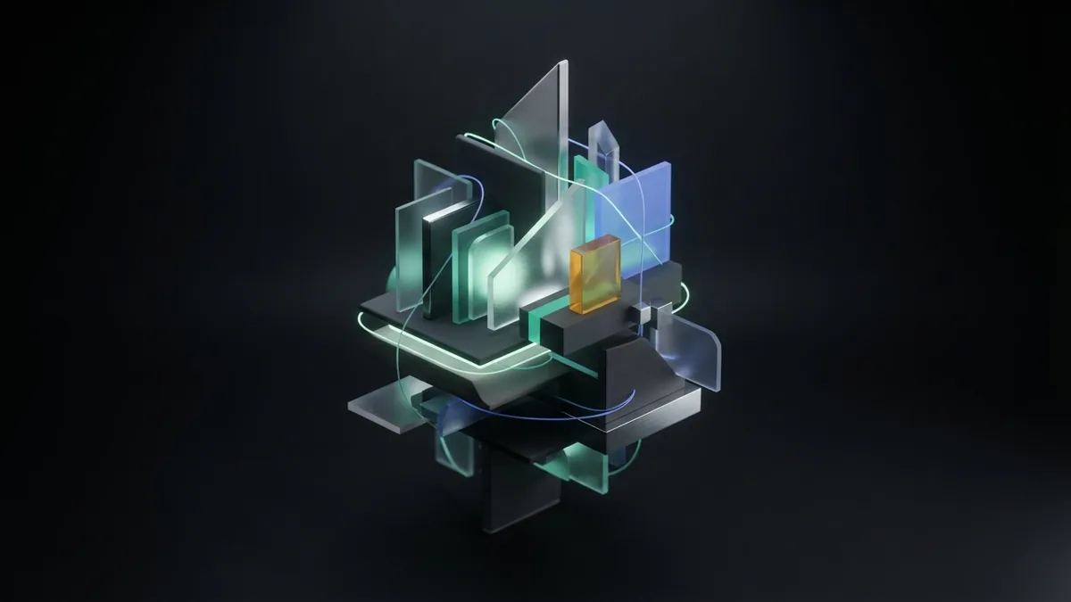 A linked set of brand assets Glass and ceramic modules linked by teal threads suggest a unified branding kit