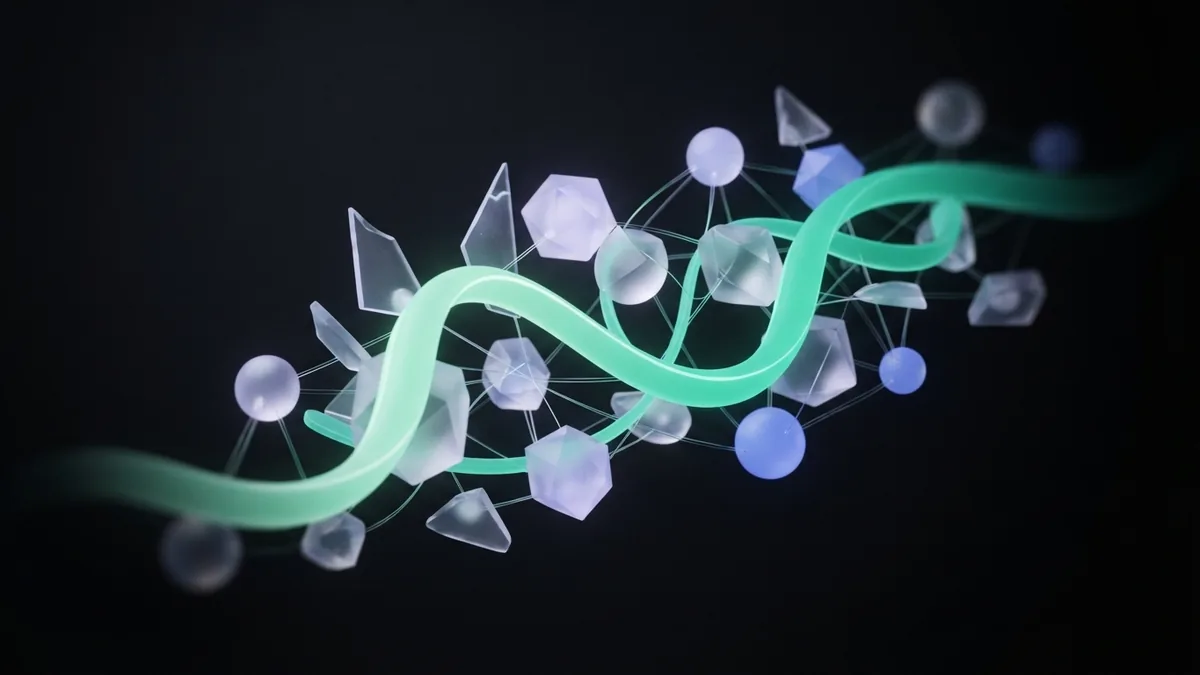 A mint ribbon linking glass nodes represents steady brand trust and growth