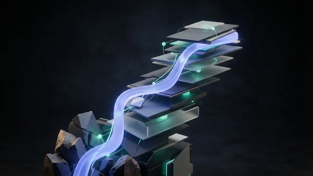 A focused path for keyword planning Layered dark forms and a blue light ribbon represent a focused keyword planning process
