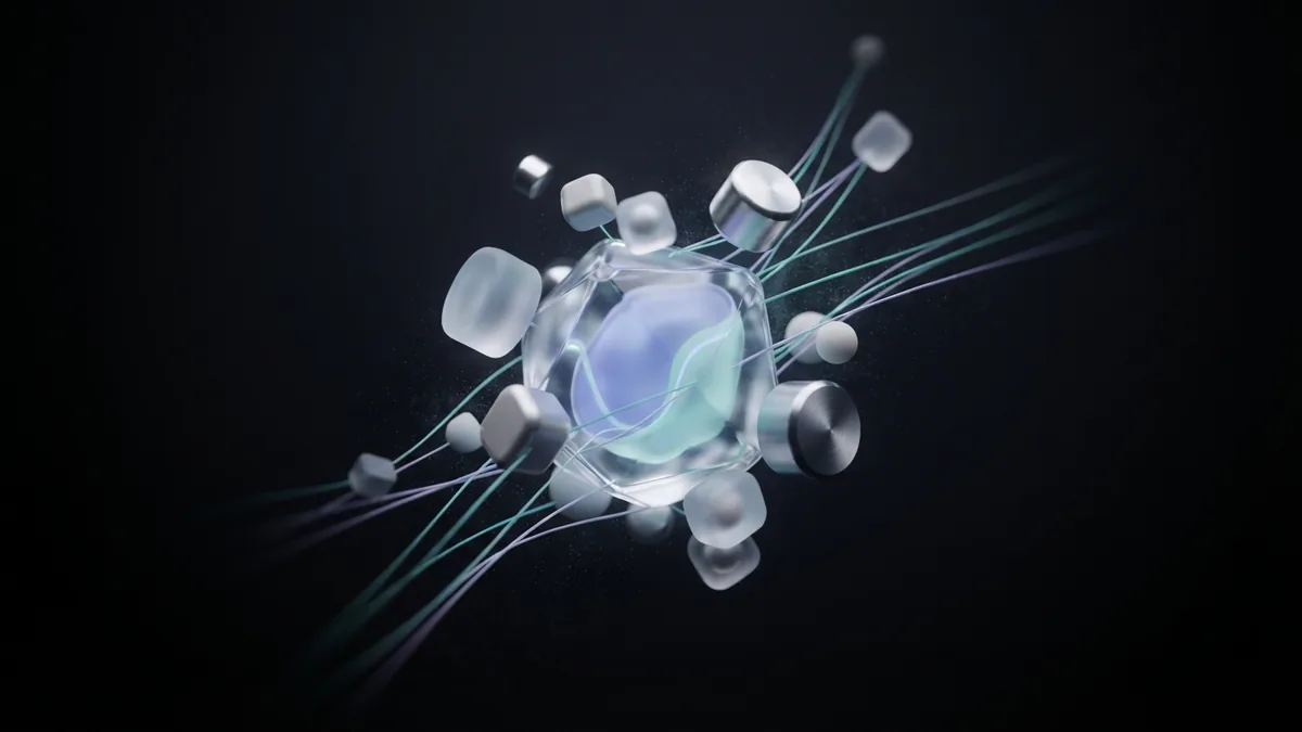 Glowing geometric nodes converge around a glass core to represent focused keyword research