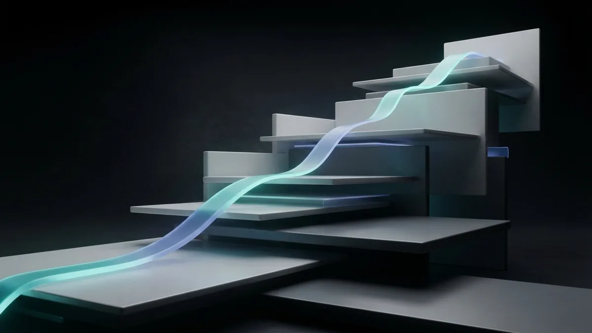 Layered dark ceramic planes and a teal ribbon suggest a well-structured website