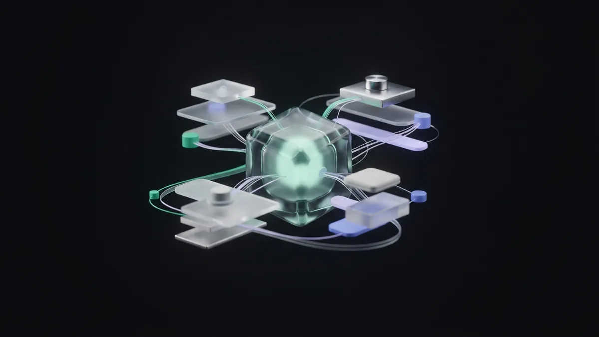 Glass core linked to geometric nodes symbolising crawling, indexing, and search ranking