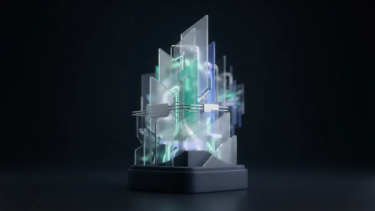 Layered glass planes and chrome bridges representing content, structure, and technical SEO