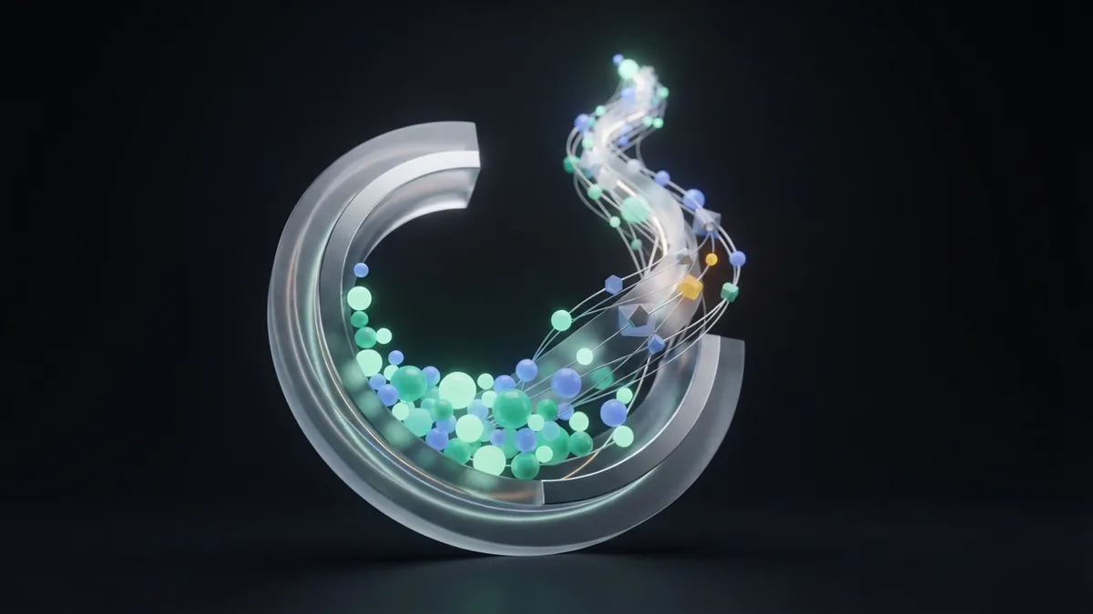 Luminous spheres forming a rising glass arc to represent SEO results and measured growth